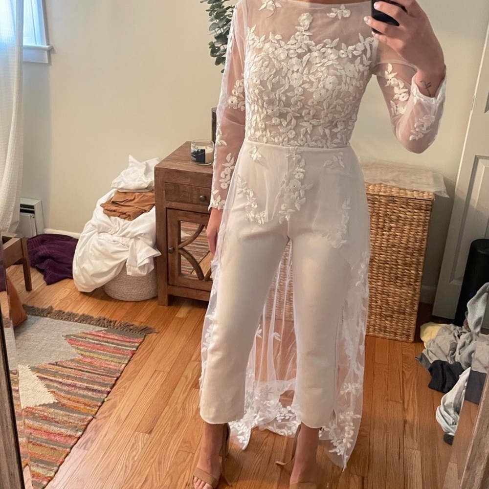 Custom backless bridal jumpsuit with train